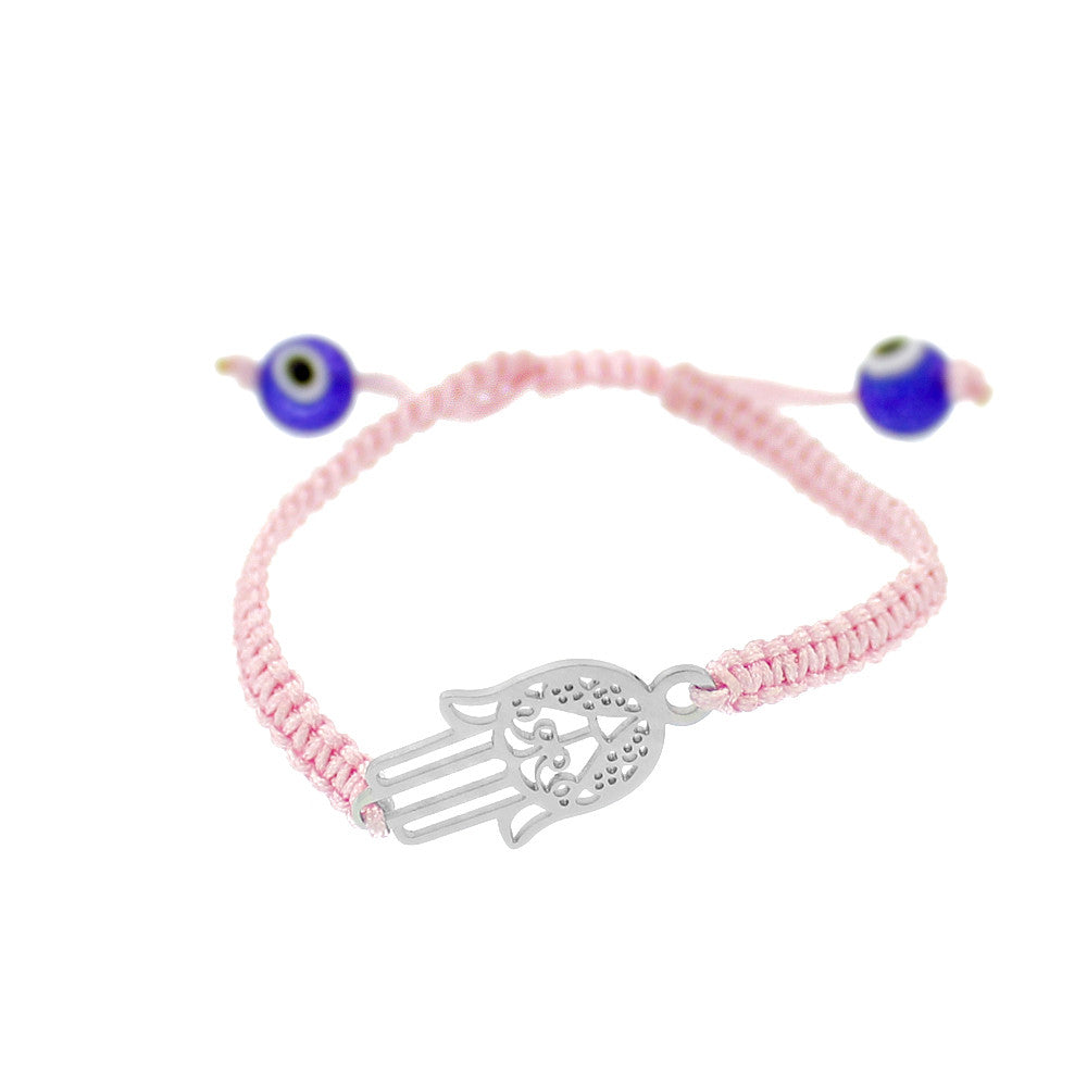 Stainless Steel Pink Cord Blue Evil Eye Hamsa Adjustable Macrame Girls Bracelet