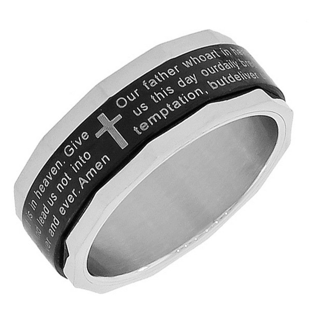 Stainless Steel Black Silver-Tone Lords Our Father Prayer English Spinner Ring Band - Size 13