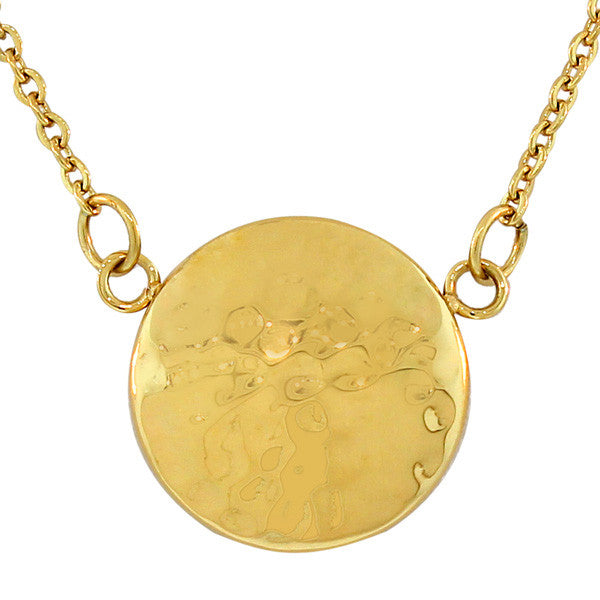 Stainless Steel Yellow Gold-Tone Hammered Finish Round Circle Pendant Necklace