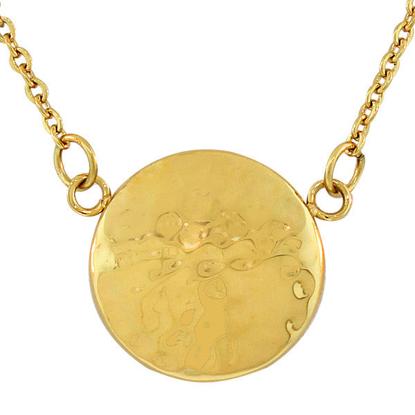 Stainless Steel Yellow Gold-Tone Hammered Finish Round Circle Pendant Necklace