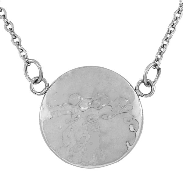 Stainless Steel Silver-Tone Hammered Finish Round Circle Pendant Necklace