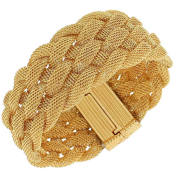 Fashion Alloy Yellow Gold-Tone Wide Mesh Braided Bracelet