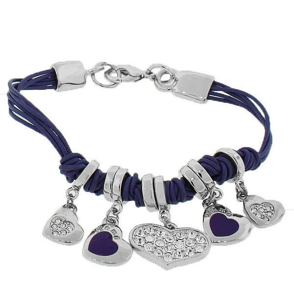 Fashion Alloy Silver-Tone Purple Violet Love Hearts White CZ Bracelet
