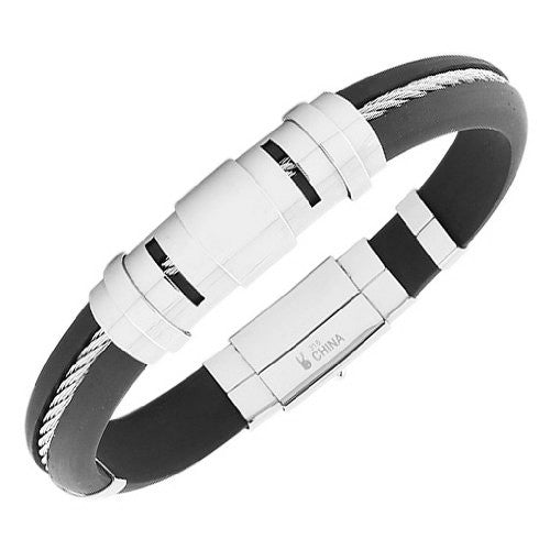 Stainless Steel Silver-Tone Black Rubber Silicone Silver-Tone Men's Bracelet