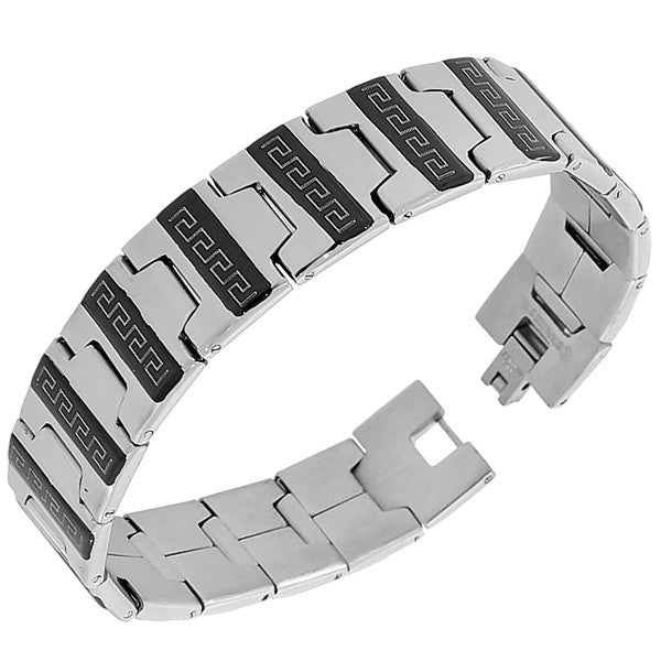 Stainless Steel Black Silver-Tone Greek Key Men's Links Chain Bracelet