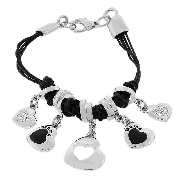 Fashion Alloy Silver-Tone Black Love Hearts White CZ Mama Mother Bracelet