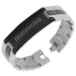 Stainless Steel Black Silver-Tone Greek Key Men's Links Chain Bracelet