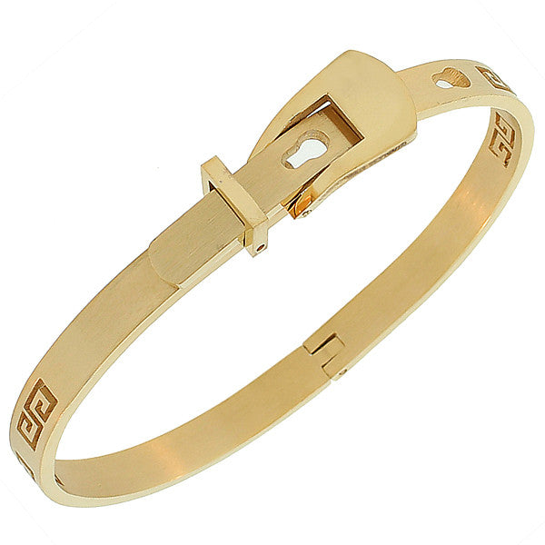 Stainless Steel Gold-Tone Greek Key Belt Buckle Adjustable Bangle Bracelet