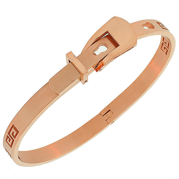 Stainless Steel Rose Gold-Tone Greek Key Belt Buckle Bangle Bracelet