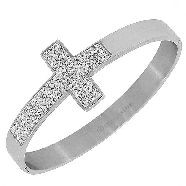 Stainless Steel Silver-Tone Classic Religious Cross White CZ Bangle Bracelet