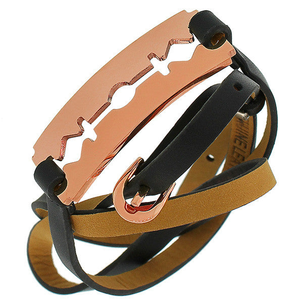 Fashion Alloy Black Leather Rose Gold-Tone Razor Blade Multi-Wrap Wristband Bracelet