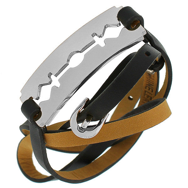 Fashion Alloy Black Leather Fashion Silver-Tone Razor Blade Multi-Wrap Wristband Bracelet