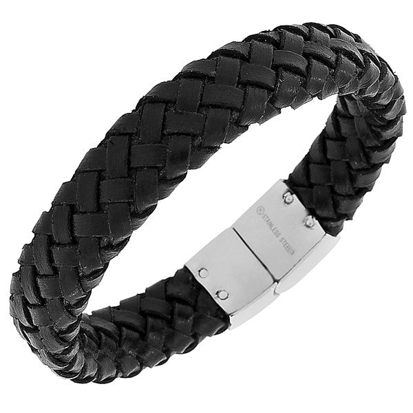 Stainless Steel Black Leather Silver-Tone Braided Wristband Men's Bracelet