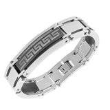 Stainless Steel Black Silver-Tone Greek Key Link Chain Men's Bracelet