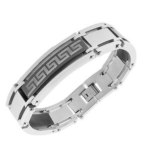 Stainless Steel Black Silver-Tone Greek Key Link Chain Men's Bracelet
