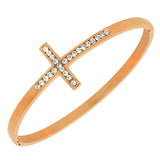 Stainless Steel Rose Gold-Tone Classic Religious Cross White CZ Bangle Bracelet