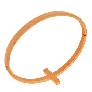 Stainless Steel Rose Gold-Tone Religious Cross White CZ Bangle Bracelet