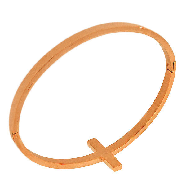 Stainless Steel Rose Gold-Tone Religious Cross White CZ Bangle Bracelet