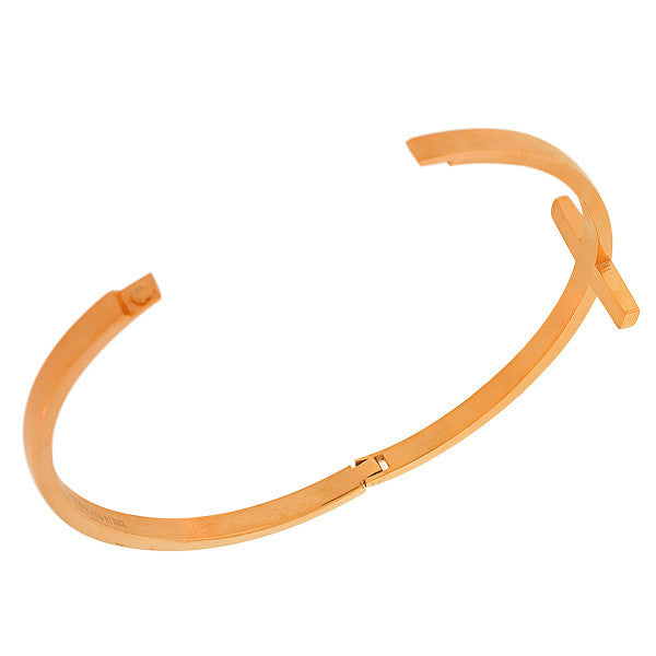 Stainless Steel Rose Gold-Tone Religious Cross White CZ Bangle Bracelet