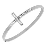 Stainless Steel Silver-Tone Classic Religious Cross White CZ Bangle Bracelet