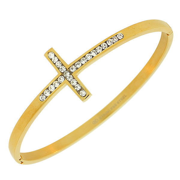 Stainless Steel Yellow Gold-Tone Classic Religious Cross White CZ Bangle Bracelet