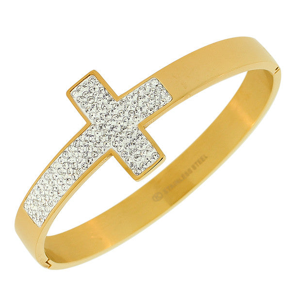 Stainless Steel Yellow Gold-Tone Classic Religious Cross White CZ Bangle Bracelet