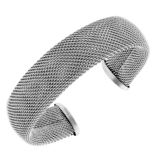 Stainless Steel Silver-Tone Mesh Wide Open End Bangle Bracelet
