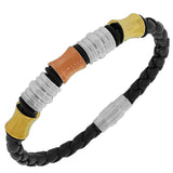 Stainless Steel Black Faux PU Leather Gold-Tone Wristband Men's Bracelet