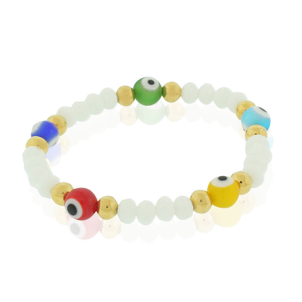 EDFORCE White Multicolor Evil Eye Protection Beaded Stretch Bracelet, 6.5"
