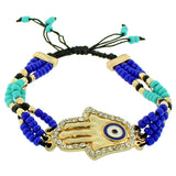 Fashion Alloy Multicolor Gold-Tone White CZ Hamsa Evil Eye Adjustable Beaded Bracelet