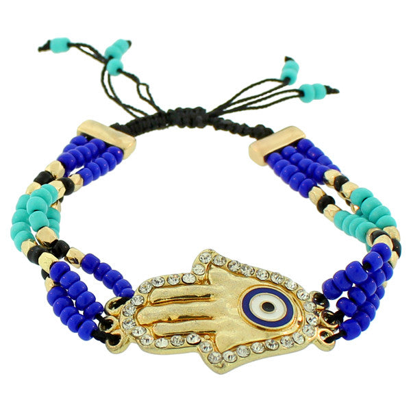 Fashion Alloy Multicolor Gold-Tone White CZ Hamsa Evil Eye Adjustable Beaded Bracelet