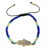 Fashion Alloy Multicolor Gold-Tone White CZ Hamsa Evil Eye Adjustable Beaded Bracelet