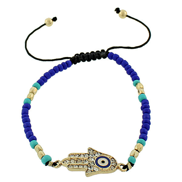 Fashion Alloy Multicolor Gold-Tone White CZ Hamsa Evil Eye Adjustable Beaded Bracelet
