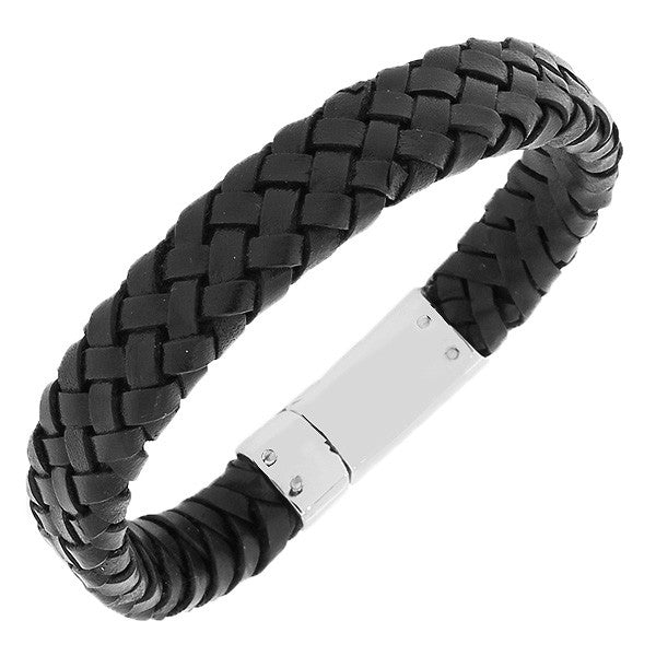 Stainless Steel Silver-Tone Black Leather Wristband Men's Bracelet