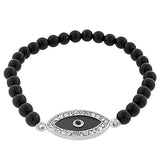 Fashion Alloy Black Silver-Tone White CZ Evil Eye Beaded Stretch Bracelet