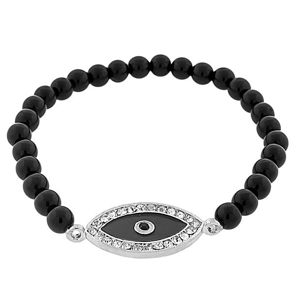 Fashion Alloy Black Silver-Tone White CZ Evil Eye Beaded Stretch Bracelet