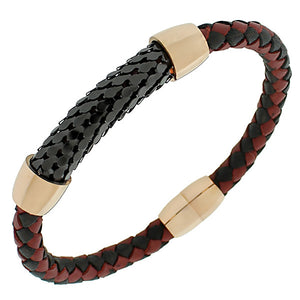 Stainless Steel Red Black Leather Rose Gold-Tone Braided Men's Bangle Bracelet