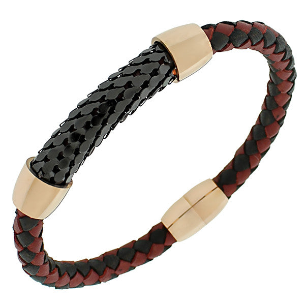 Stainless Steel Red Black Leather Rose Gold-Tone Braided Men's Bangle Bracelet