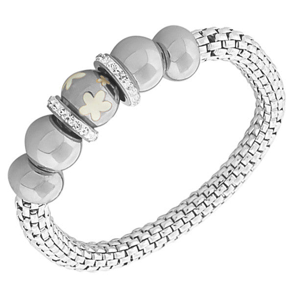 Stainless Steel Silver-Tone Flowers Floral Design White CZ Mesh Stretch Bracelet