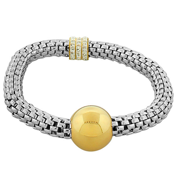 Stainless Steel Two-Tone White CZ Stretch Mesh Bracelet