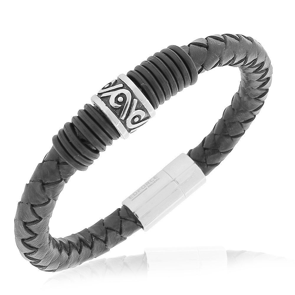 EDFORCE Stainless Steel Black Braided Leather Mens Wristband Bracelet, 8"