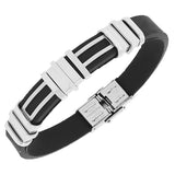 Stainless Steel Black Rubber Silicone Silver-Tone Men's Bracelet