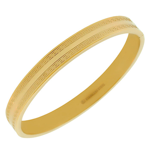 Stainless Steel Oval-Shaped Greek Key Yellow Gold-Tone Classic Bangle Bracelet