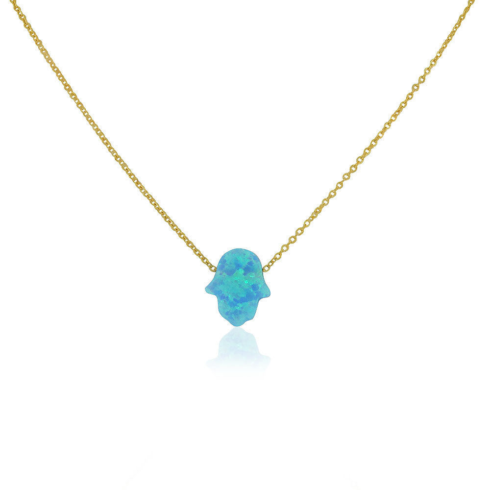 EDFORCE Stainless Steel Yellow Gold-Tone Simulated Blue Opal Hamsa Pendant Necklace, 18"