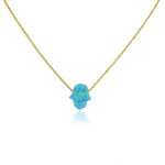 EDFORCE Stainless Steel Yellow Gold-Tone Simulated Blue Opal Hamsa Pendant Necklace, 18"