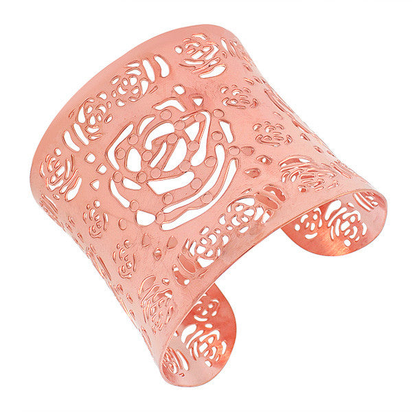 Stainless Steel Rose Gold-Tone Floral Design Open End Wide Cuff Bangle Bracelet