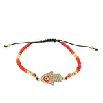 Fashion Alloy Red Multicolor Gold-Tone White CZ Hamsa Evil Eye Beaded Adjustable Bracelet
