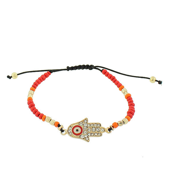 Fashion Alloy Red Multicolor Gold-Tone White CZ Hamsa Evil Eye Beaded Adjustable Bracelet