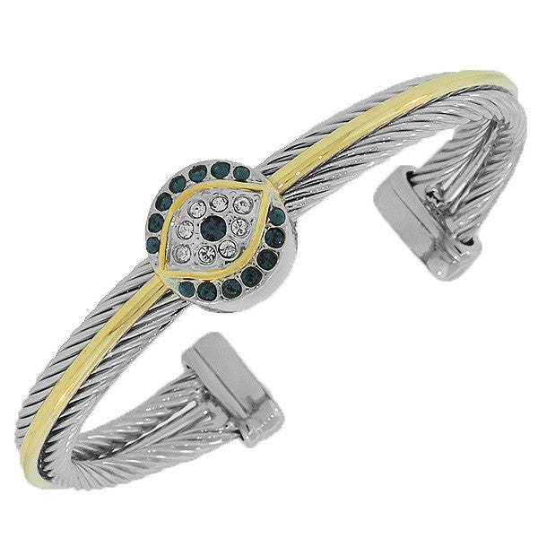 Fashion Alloy Two-Tone Blue CZ Evil Eye Twisted Cable Open End Bracelet