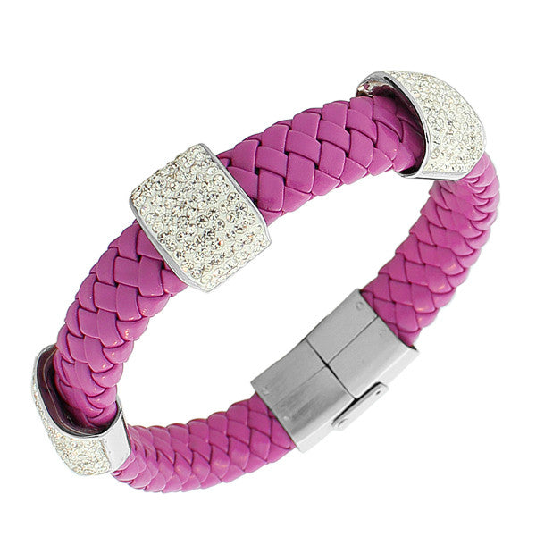 Stainless Steel Hot Pink Purple Leather White CZ Bracelet